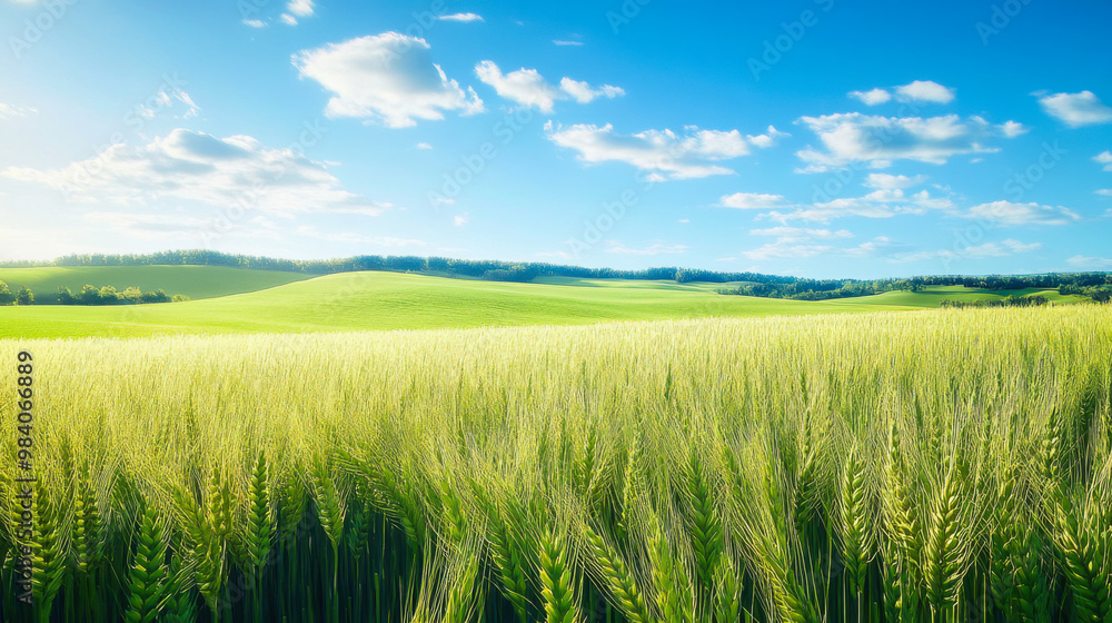 Golden wheat field under a clear blue sky with fluffy clouds near a forested landscape during the day Golden wheat field under a clear blue sky with fluffy clouds near a forested landscape during the day