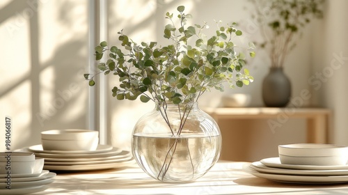 A serene table setting with a vase of greenery and dishware.