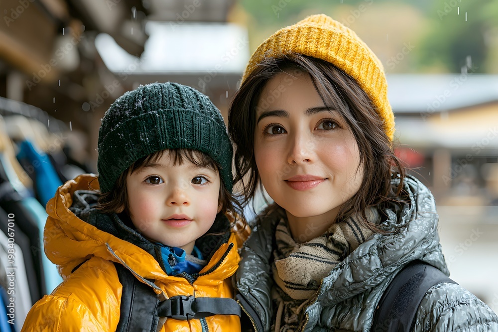 Mother and child in cozy winter attire enjoying a rainy day outdoors Mother and child in cozy winter attire enjoying a rainy day outdoors