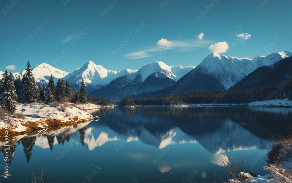 Fototapeta premium Winter landscape: a calm morning on the shore of a mountain lake with a view of snow-capped mountain peaks on the horizon.