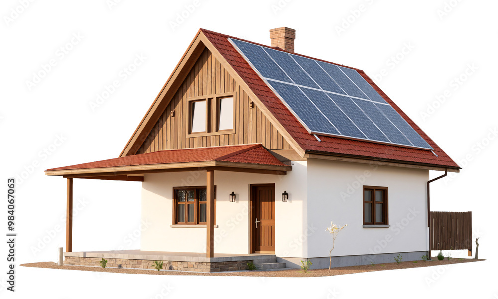 cain house with solar panels in the roof isolated on transparent background cain house with solar panels in the roof isolated on transparent background