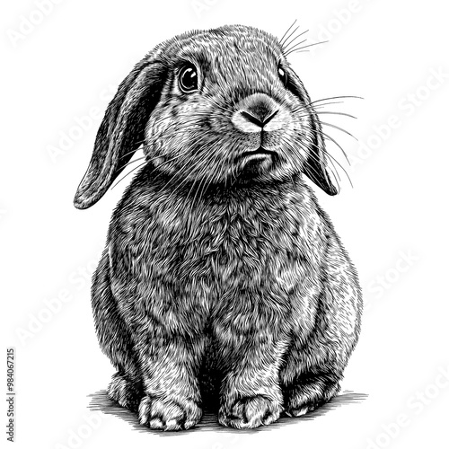 Realistic Illustration of a Holland Lop Rabbit Sitting on a White Background. Generative AI