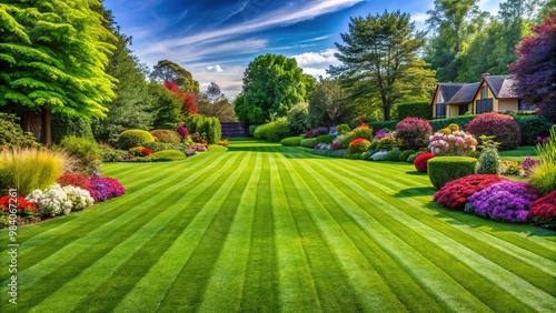 Freshly cut green lawn with evenly spaced stripes, surrounded by vibrant flowers, trees, and a slight hint of morning dew in a serene suburban setting. photo