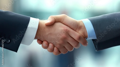 Two business partners shaking hands after closing a deal in a modern corporate office, symbolizing success, partnership, and professionalism. Ideal for business promotions and corporate websites.