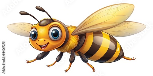 Isolated illustration of a happy, flying honey bee with yellow and black stripes, transparent background, high-quality PNG format, ideal for commercial designs and graphics.