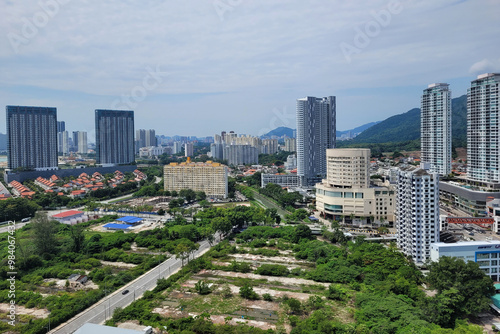 Aerial view Straits Quay and residential housing area and commercial buildings at Tanjung Tokong, Penang. 