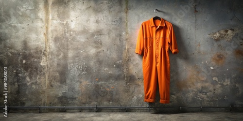 Orange jumpsuit with horizontal stripes, worn and faded, hangs on a rusted metal hanger against a drab, gray concrete background, evoking a sense of confinement. photo