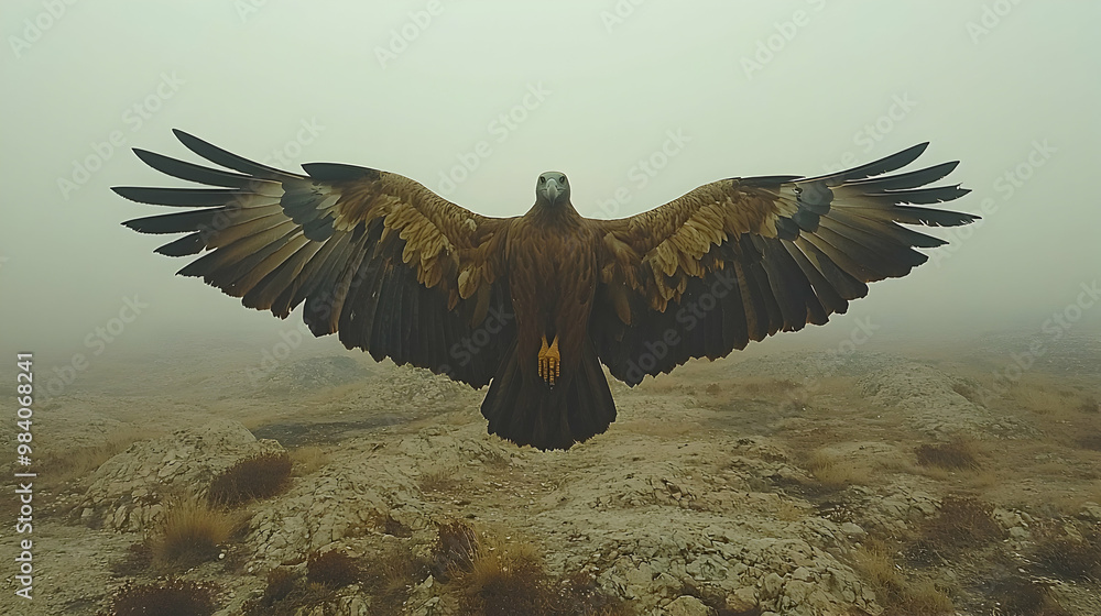 Obraz premium Vulture circling over a desolate, rocky landscape, barely visible against the gloomy, overcast sky