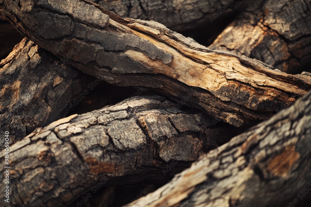 A few large, weathered tree branches lying horizontally. The branches are rough and cracked A few large, weathered tree branches lying horizontally. The branches are rough and cracked