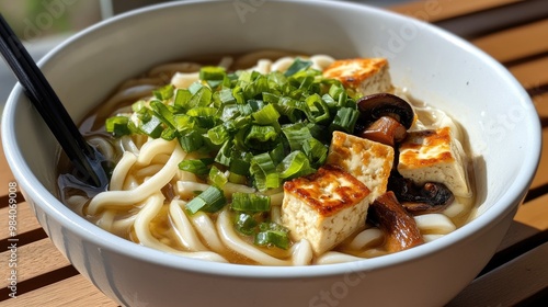 Delicious bowl of noodle soup with tofu and greens