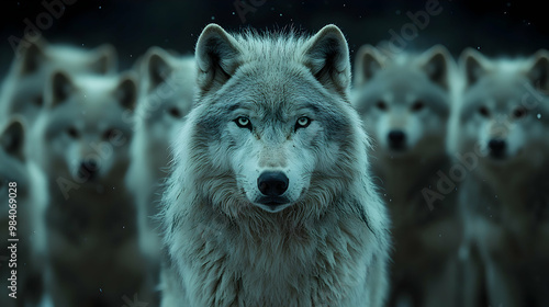 Alpha wolf pack leader standing in the forefront, its silver fur illuminated in contrast to the pitch-black forest behind