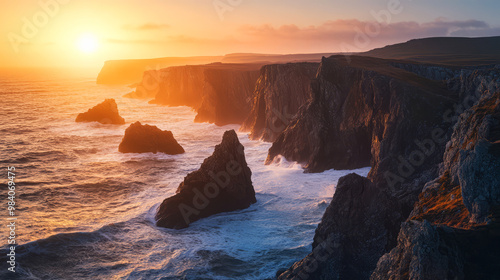 A stunning sunset over rugged coastal cliffs, with waves crashing against the rocky shore, creating a vibrant and serene atmosphere.