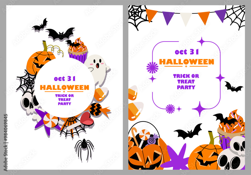 Set of Halloween party flyers, invitations, greeting cards with purple cute pumpkins, bat, ghost, and candies in purple and yellow color. Isolated vector on white background
