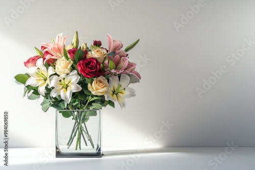 A carefully arranged floral bouquet of roses, lilies, and carnations displayed in a modern, minimalist glass vase, sitting against a stark white background with soft lighting.