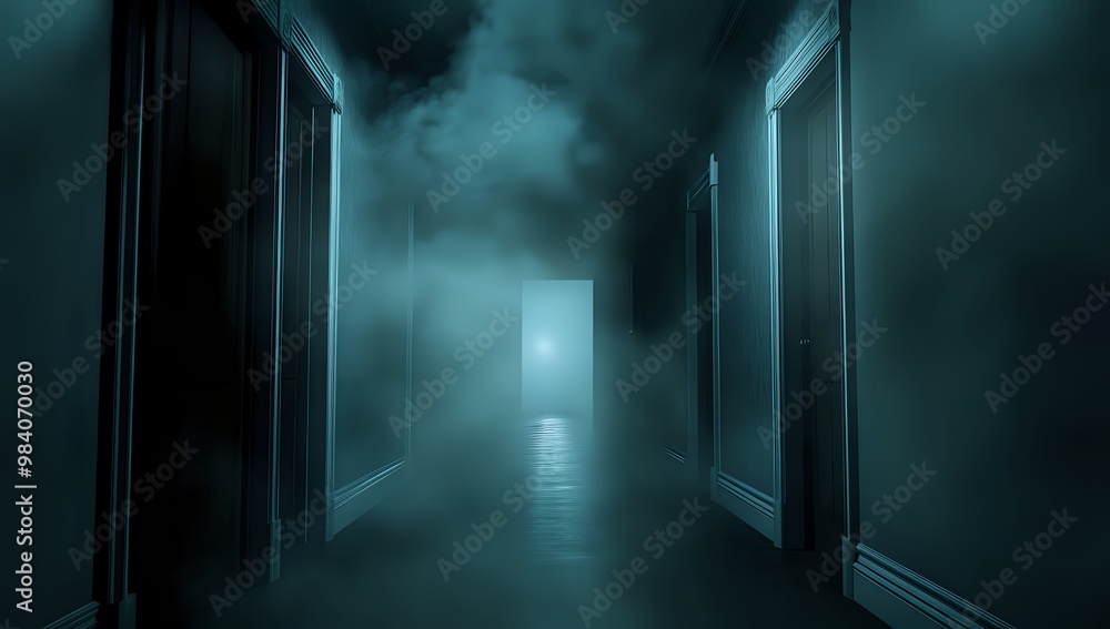 A dark and mysterious hallway with smoke and light at the end. A dark and mysterious hallway with smoke and light at the end.