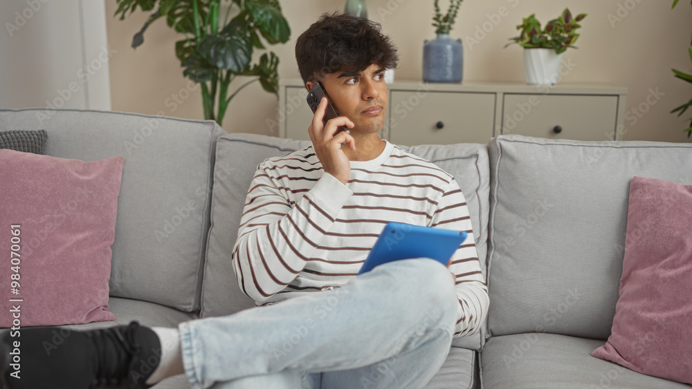 Attractive young hispanic man seated in a stylish living room, talking on the phone while holding a tablet, with indoor plants and modern decor around. Attractive young hispanic man seated in a stylish living room, talking on the phone while holding a tablet, with indoor plants and modern decor around.