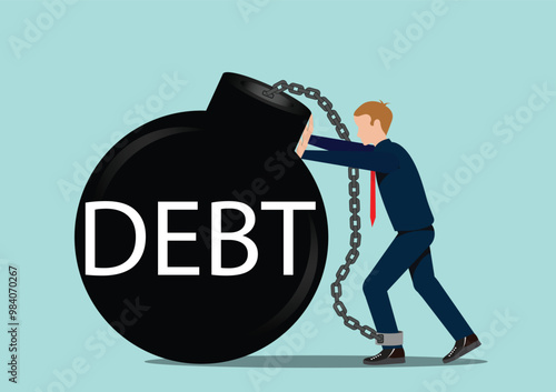 Debt problems with man by shackles chain with weight metal ball.