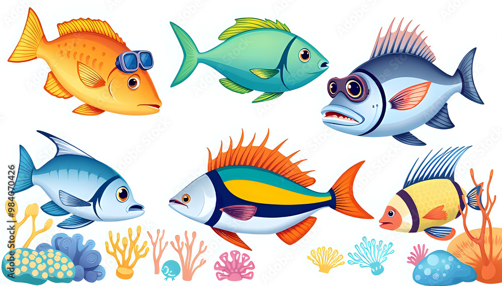 Oceanic cartoon fish vector set featuring grouper, cod, tuna, herring, and coral. Isolated on white background. Oceanic cartoon fish vector set featuring grouper, cod, tuna, herring, and coral. Isolated on white background.