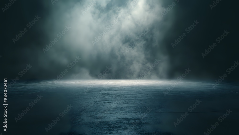 Fototapeta premium A dark, moody, abstract background with a blue surface, green mist, and a soft glow.