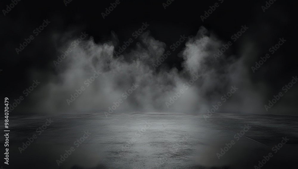 A dark, mysterious scene with a white smoke cloud above a concrete floor. A dark, mysterious scene with a white smoke cloud above a concrete floor.