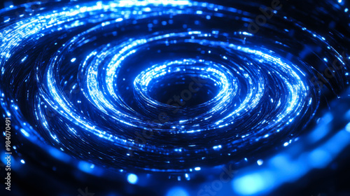 Bright blue swirling vortex depicting cosmic energy and motion in a dark space setting, creating an otherworldly effect