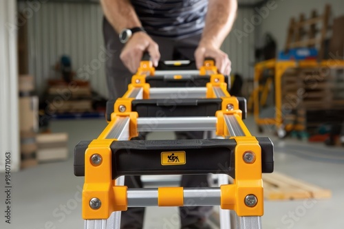 a person using a ladder stabilizer for added safety photo