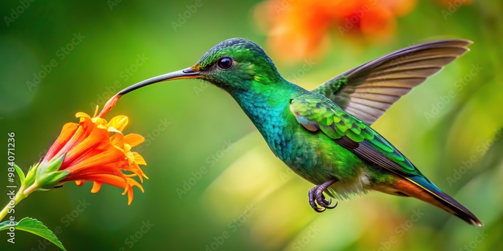 Fototapeta premium Vibrant green hummingbird with iridescent feathers and long beak sips nectar from a bright orange flower against a blurred lush green forest background.