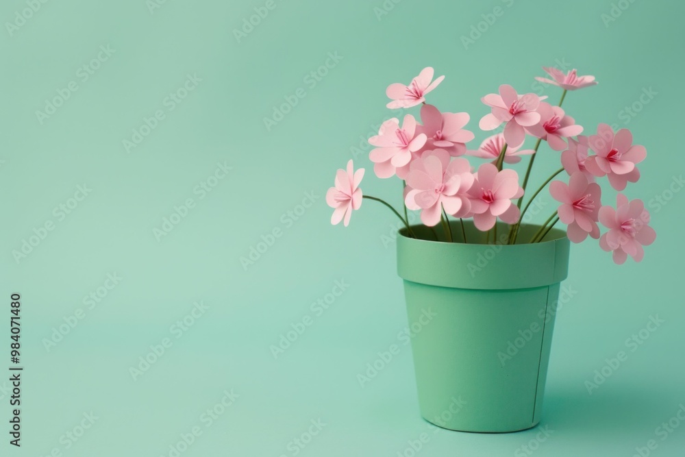 pink flowers in a green pot against a mint background, beautiful minimalist composition with delicate light colors, perfect for spring or greeting cards pink flowers in a green pot against a mint background, beautiful minimalist composition with delicate light colors, perfect for spring or greeting cards