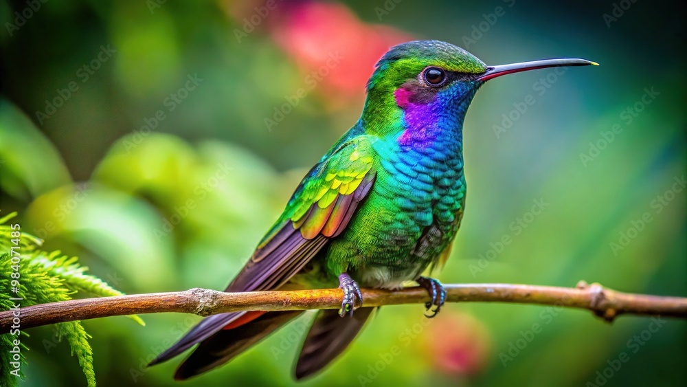 Fototapeta premium Vibrant male hummingbird perched on a delicate branch, showcasing iridescent feathers, bright green throat patch, and intricately patterned tail, against a blurred lush green background.