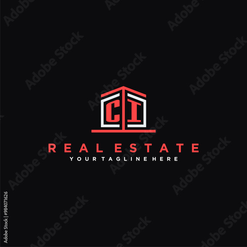 CI Initials Modern Logo Design for a Real Estate Company Featuring a Unique Icon and Bold Typography on a Black Background