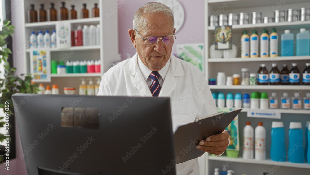 An elderly, grey-haired man in a white coat and tie reads from a clipboard behind a counter in a well-stocked pharmacy with colorful bottles and shelves of products. An elderly, grey-haired man in a white coat and tie reads from a clipboard behind a counter in a well-stocked pharmacy with colorful bottles and shelves of products.