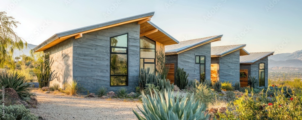 Obraz premium An artist colony with each studio featuring uniquely sculpted fiber cement siding, serving as both an artistic statement and a functional architectural element