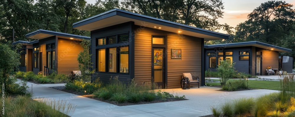 An artist colony with each studio featuring uniquely sculpted fiber cement siding, serving as both an artistic statement and a functional architectural element An artist colony with each studio featuring uniquely sculpted fiber cement siding, serving as both an artistic statement and a functional architectural element