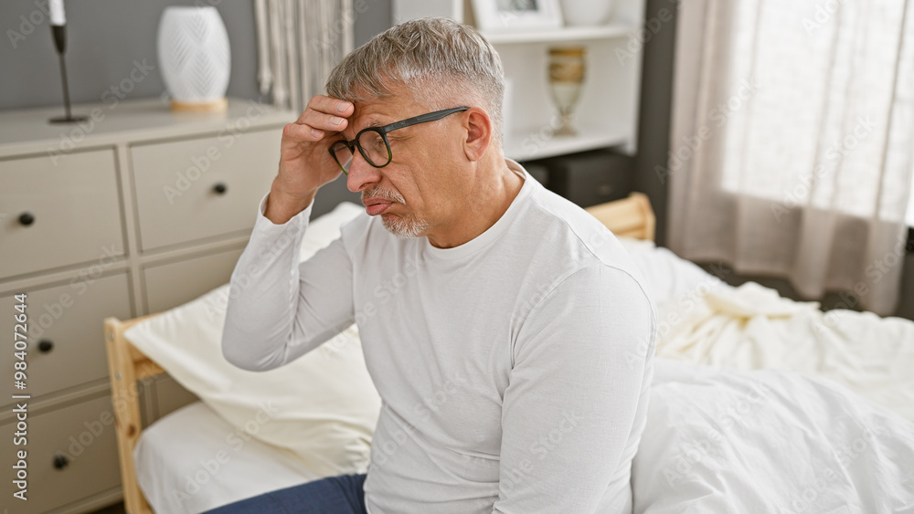 A pensive, middle-aged man in glasses sits on the bed in a modern bedroom, contemplating. A pensive, middle-aged man in glasses sits on the bed in a modern bedroom, contemplating.