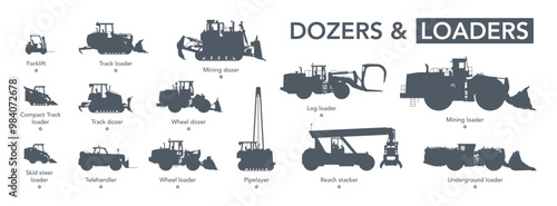 Dozers & loaders icon set. Loading machines silhouette on white. Vector illustration