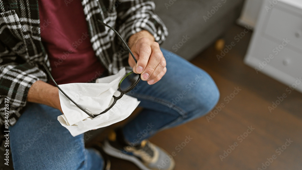 Fototapeta premium Middle-aged man cleans his glasses at home, showcasing a casual, indoor lifestyle scene.
