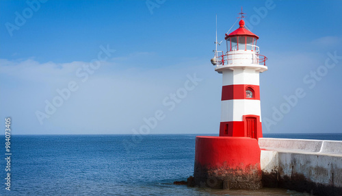 Red and White Lighthouse on Top of Pier and Copy Space