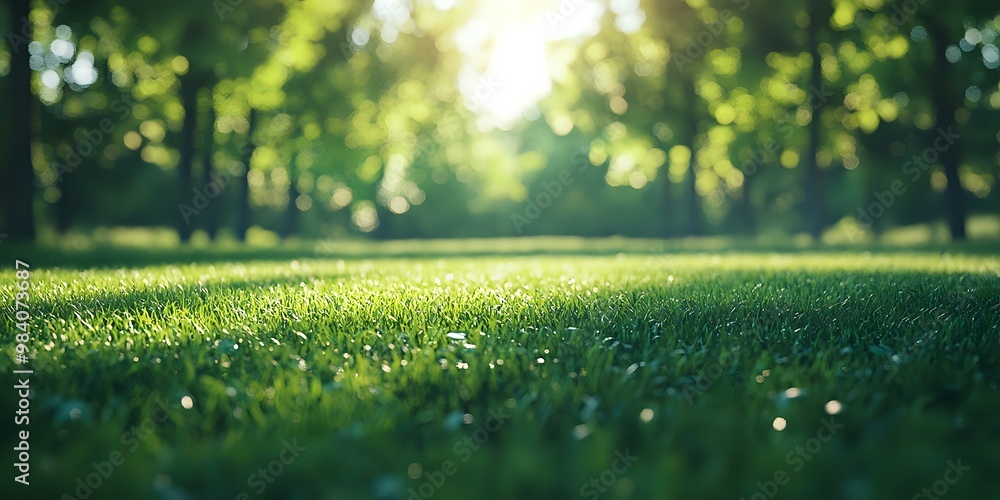Close-up shot of vibrant green grass with a blurred background of trees and sunlight. Close-up shot of vibrant green grass with a blurred background of trees and sunlight.