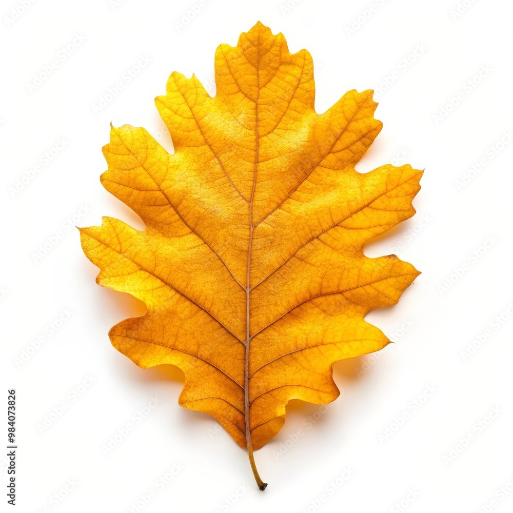 Yellow Autumn Oak Leaf Isolated on White Background, Nature Fall Foliage