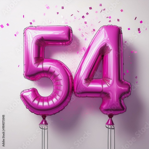 Pink birthday / anniversary balloon, number 54, white background with confetti photo