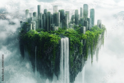 A futuristic floating city, lush green landscapes surrounding tall, modern skyscrapers