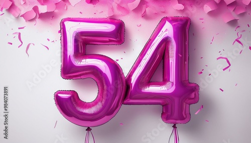 Pink birthday / anniversary balloon, number 54, white background with confetti photo