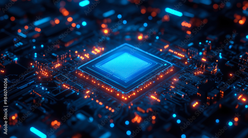 Close-up view of a glowing microprocessor on a circuit board filled with vibrant blue and orange lights, showcasing advanced technology Close-up view of a glowing microprocessor on a circuit board filled with vibrant blue and orange lights, showcasing advanced technology