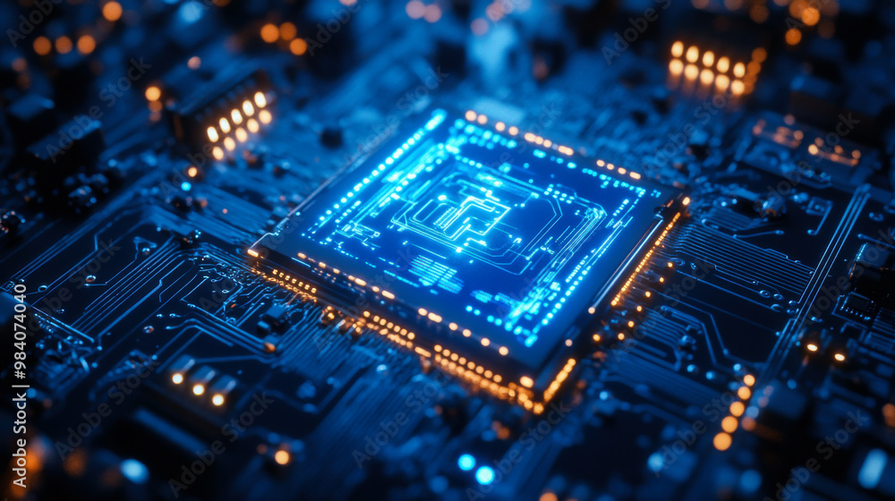 Close-up view of a glowing microprocessor on a circuit board filled with vibrant blue and orange lights, showcasing advanced technology Close-up view of a glowing microprocessor on a circuit board filled with vibrant blue and orange lights, showcasing advanced technology