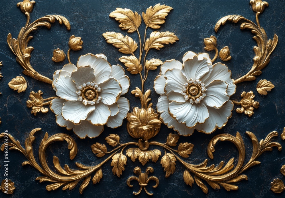 Elegant floral design with gold leaf accents on a dark blue background. A timeless and sophisticated decor piece. . Elegant floral design with gold leaf accents on a dark blue background. A timeless and sophisticated decor piece. .
