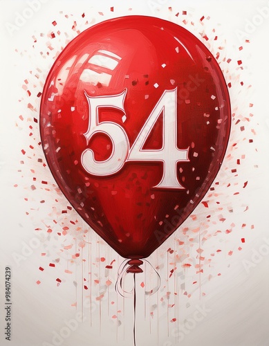 Red birthday / anniversary balloon, number 54, white background with confetti photo