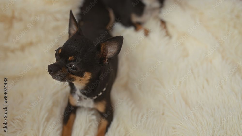 Two chihuahuas lie comfortably on a soft, white blanket in the cozy interior of a living room, depicting a warm and peaceful home environment. Two chihuahuas lie comfortably on a soft, white blanket in the cozy interior of a living room, depicting a warm and peaceful home environment.