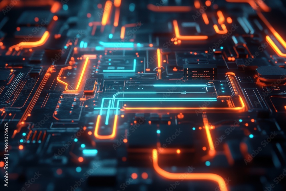 A glowing futuristic circuit board with neon blue and orange lights, electronic components visible A glowing futuristic circuit board with neon blue and orange lights, electronic components visible