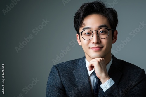 Portrait of handsome Asian businessman in suit looking at camera and smiling while sitting in studio with grey background. Close-up shot with studio lighting in,generated ai.