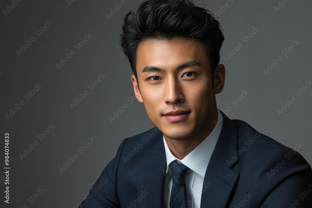 Portrait of handsome Asian businessman in suit looking at camera and smiling while sitting in studio with grey background. Close-up shot with studio lighting in,generated ai. Portrait of handsome Asian businessman in suit looking at camera and smiling while sitting in studio with grey background. Close-up shot with studio lighting in,generated ai.